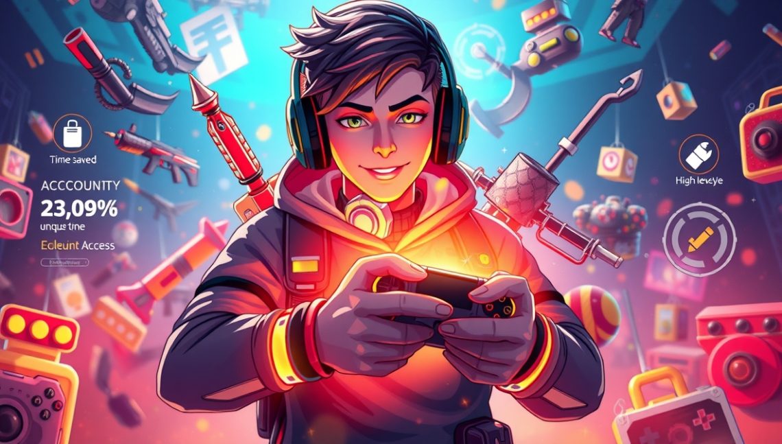 Игровой персонаж с редкими предметами символизирует покупку аккаунта