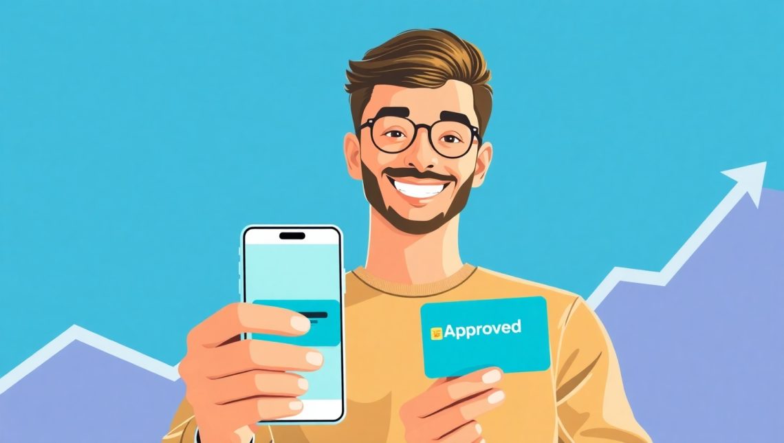Человек держит карту и смартфон с одобрением займа без залога.